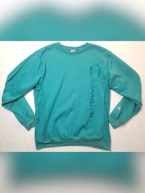 Champion Life Mens Garment Dyed Reverse Weave Crew Spellout Sz Lrg Vintage Blue